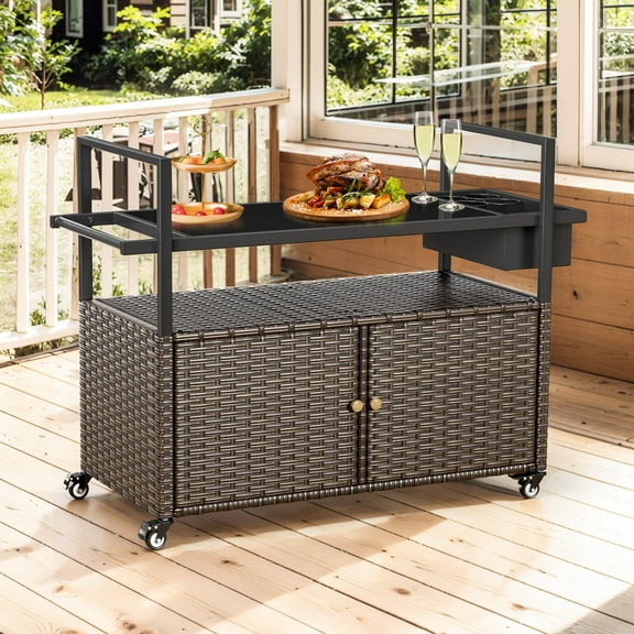Planntonneo Wicker Outdoor Bar Cart Table Patio Console Storage Cabinet BBQ Grill Carts Buffet with Wheels, Brown