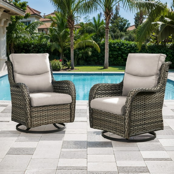 Planntonneo Wicker Patio Chairs Set of 2, Outdoor High Back Swivel Glider Rocking Chairs with 5'' Thick Beige Cushions for Porch Balcony Backyard