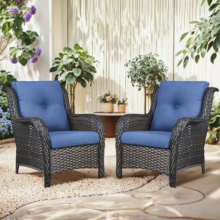 Planntonneo Wicker Patio Chairs Set of 2, Outdoor Rattan Dining Chairs with Blue Cushions for Porch Balcony Backyard