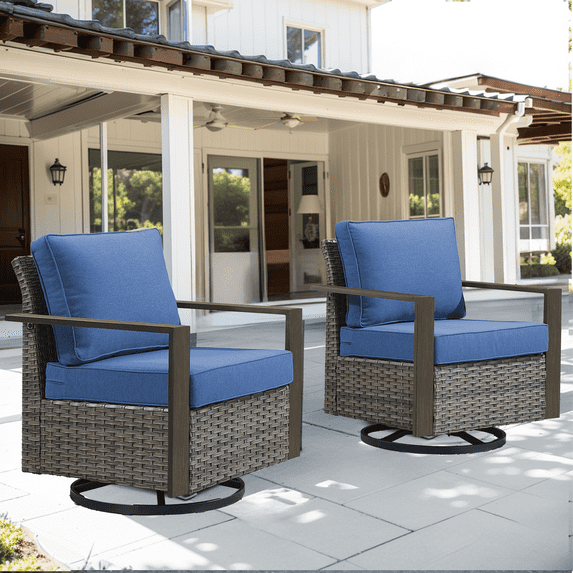 Planntonneo Wicker Patio Chairs Set of 2, Outdoor Rattan Swivel Glider Rocking Chairs with 4'' Blue Cushions for Porch Balcony Backyard