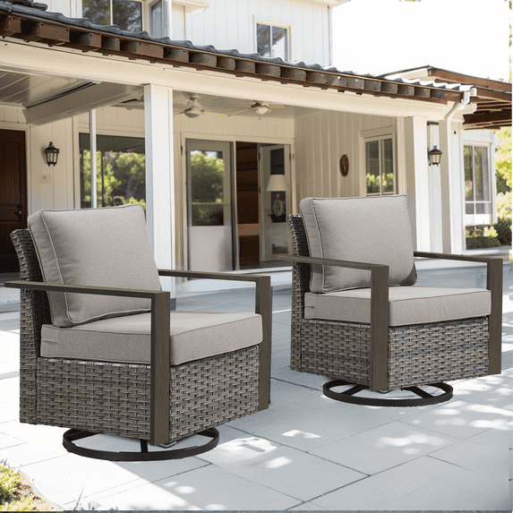 Planntonneo Wicker Patio Chairs Set of 2, Outdoor Rattan Swivel Glider Rocking Chairs with 4'' Grey Cushions for Porch Balcony Backyard