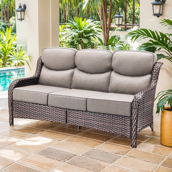 Planntonneo Wicker Patio High Backrest 3-Seat Sofa with 6" Cushion, Rattan Couch with Deep Seat for Deck Backyard Garden, Brown/Beige