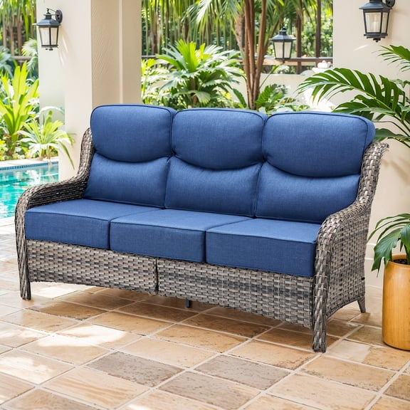 Planntonneo Wicker Patio High Backrest 3-Seat Sofa with 6" Cushion, Rattan Couch with Deep Seat for Deck Backyard Garden, Grey/Blue