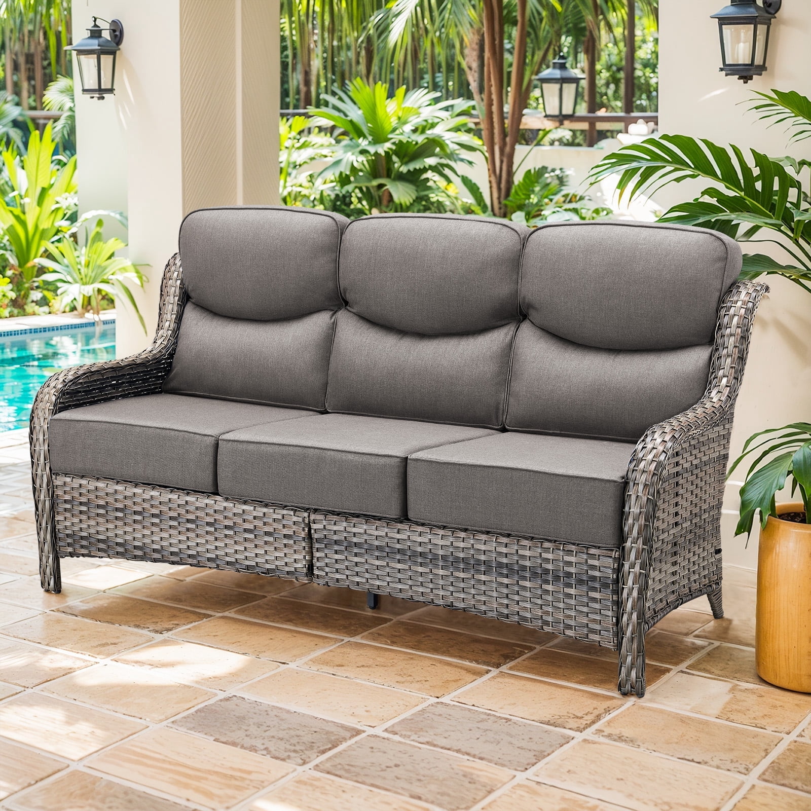 Planntonneo Wicker Patio High Backrest 3-Seat Sofa with 6" Cushion ...