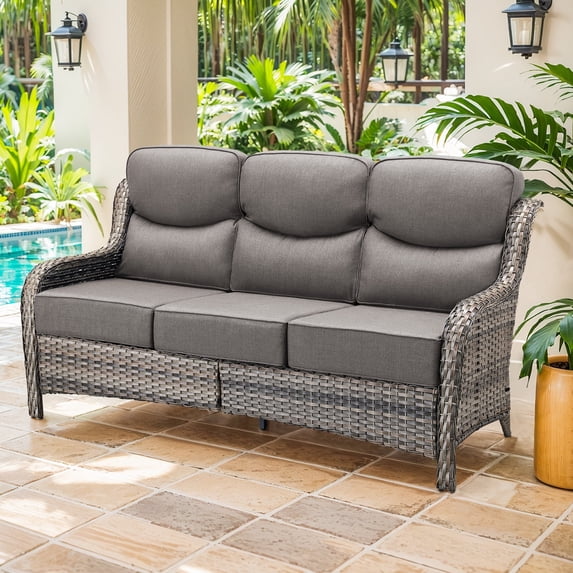 Planntonneo Wicker Patio High Backrest 3-Seat Sofa with 6" Cushion, Rattan Couch with Deep Seat for Deck Backyard Garden, Grey/Grey
