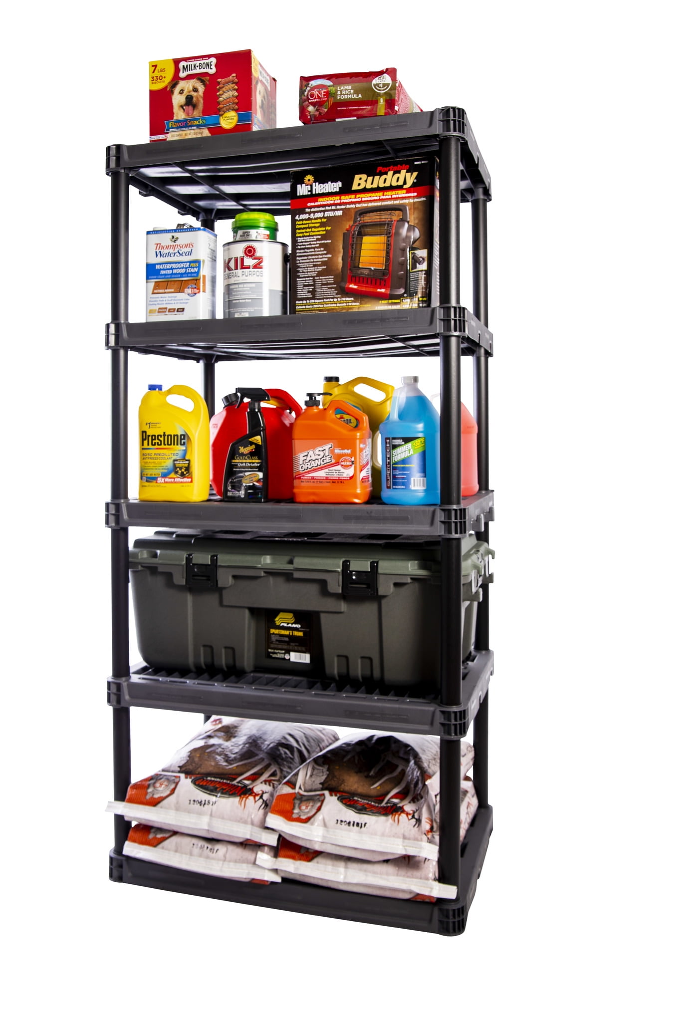 Hyper Tough 74 H x 18 D x 36 W 5 Shelf Plastic Garage Shelves, Pack of 2 Storage Shelving, Black 750 lbs Capacity