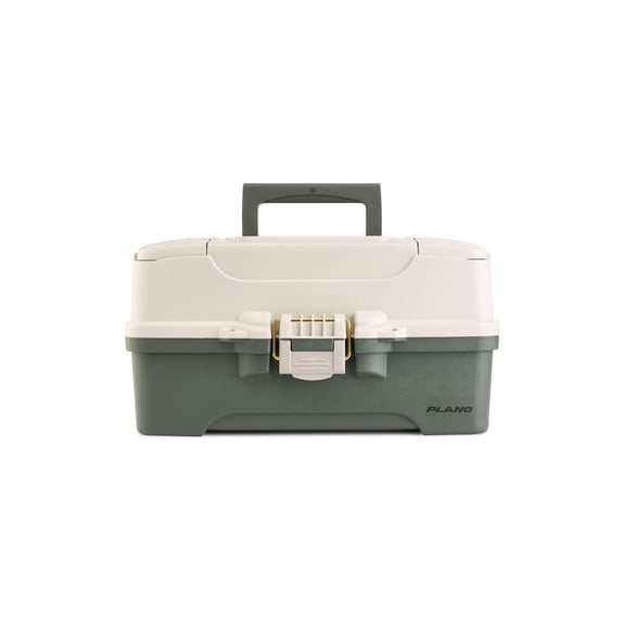 Plano Three-Tray Tackle Box, Green/Tan, Rust-Proof Brass Latch, Top-Access Tray with Deep Storage, Made in the USA, Portable Fishing Gear Storage Organizer