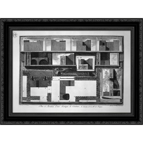 Plans of elevations and sections of Thermopolium 24x20 Black Ornate Wood Framed Canvas Art by Piranesi, Giovanni Battista