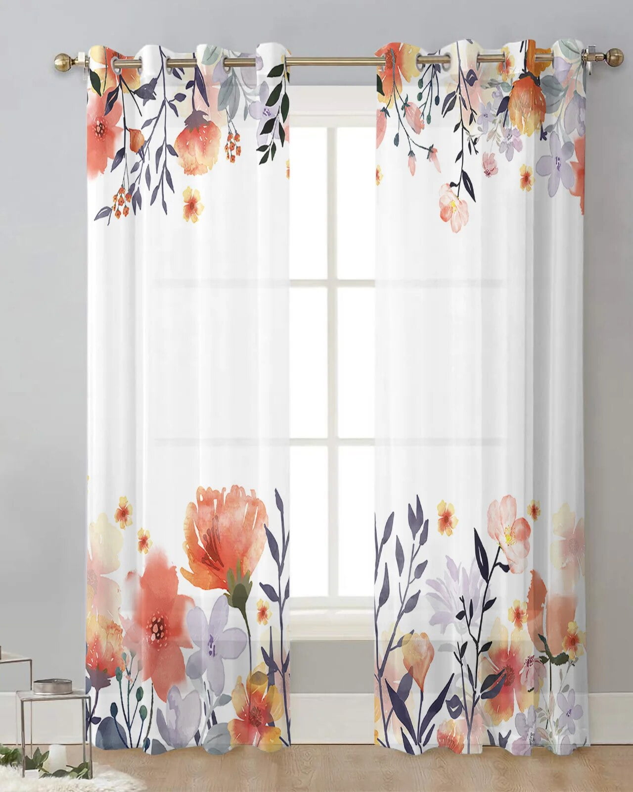 Plant And Flower HandPainted Watercolor Orange Tulle Curtains Living