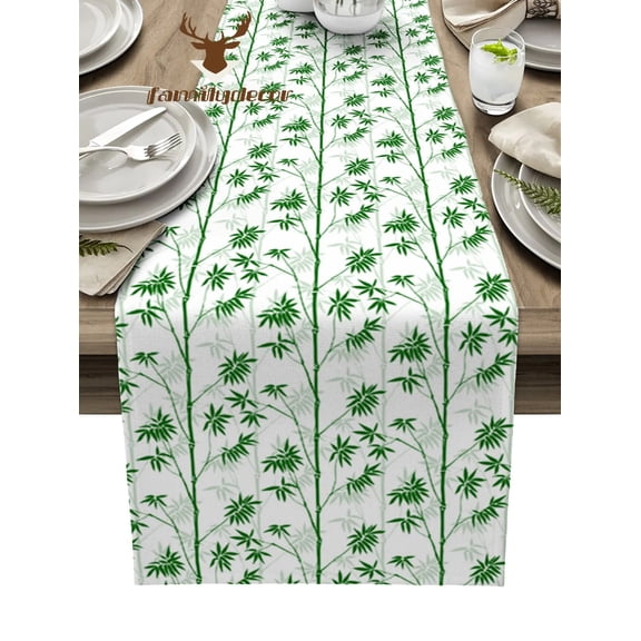 Plant Bamboo Green White Table Runner Home Wedding Table Flag Mat Table Centerpieces Decoration Party Dining Long Tablecloth