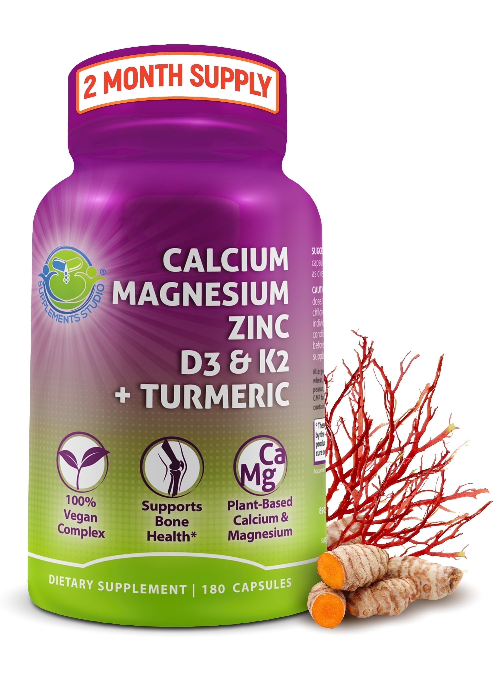 Plant-Based Calcium 500mg (Aquamin) - Vegan Calcium Magnesium Zinc D3 + Vitamin K2, Organic Turmeric & BioPerine - Supports Enhanced Bone Health & Strength for Women and Men - 180 Count