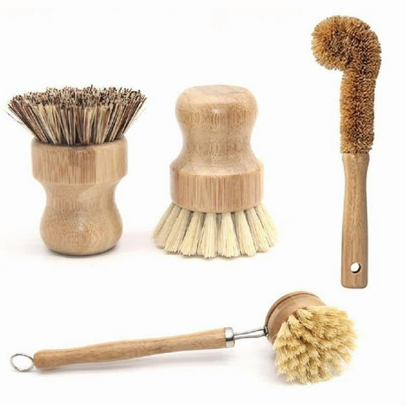Plant Based Cleaning Brush Set,Bamboo Kitchen Scrub Brush Set of 4 Clean Tableware / Can / Bottle / Pot / Pot / Frying Pan / Veg