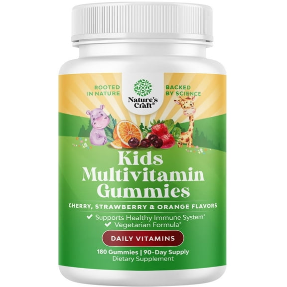 Plant Based Kids Multivitamin Gummies - Multivitamin for Kids Immunity Support Gummies with Vitamins A C D3 E B and Zinc Gelatin and Gluten Free Non-GMO Kids Vitamins Gummy Multivitamin Formula 180ct