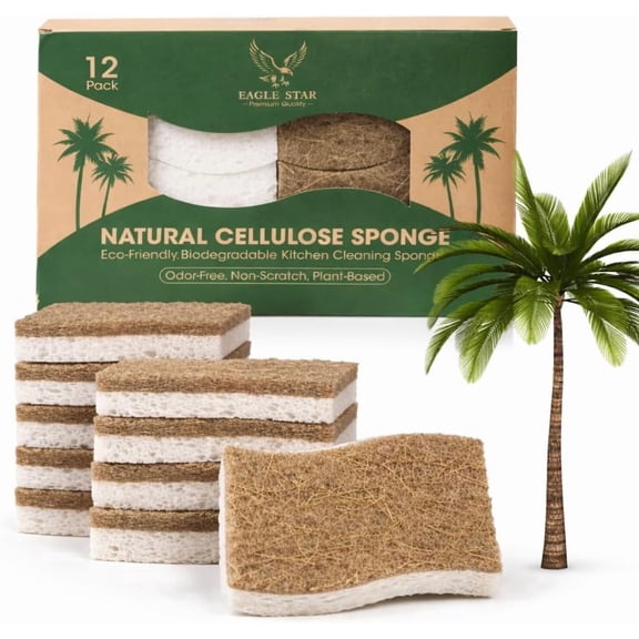 Plant-Based Natural & Biodegradable Kitchen Sponges 12 Pack Compostable Cellulose & Coconut Fiber Dish Scrub Sponge, Eco Friendly Non Scratch & Non-Toxic Sponges, for Dishes Pots & Pans, Plastic Free