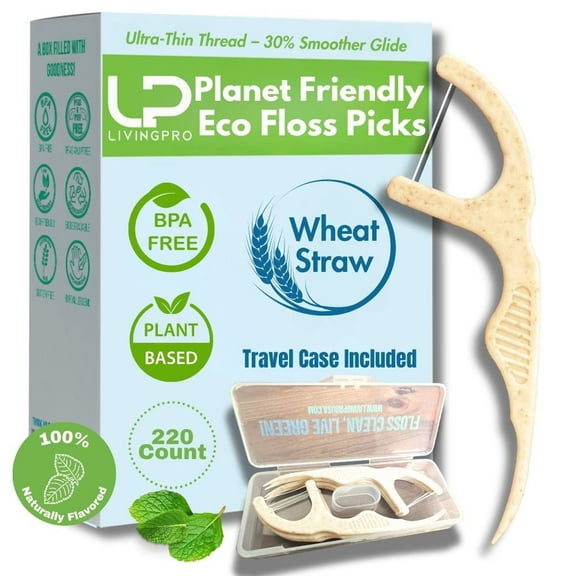 Plant Based Naturally Mint Infused Floss Picks(220pcs) with Travel Case | Biodegradable Straw Wheat Handle | Thin Single Thread Flosser, Shred-Resistant- Easy Glide for Plaque Removal & Gentle on Gum