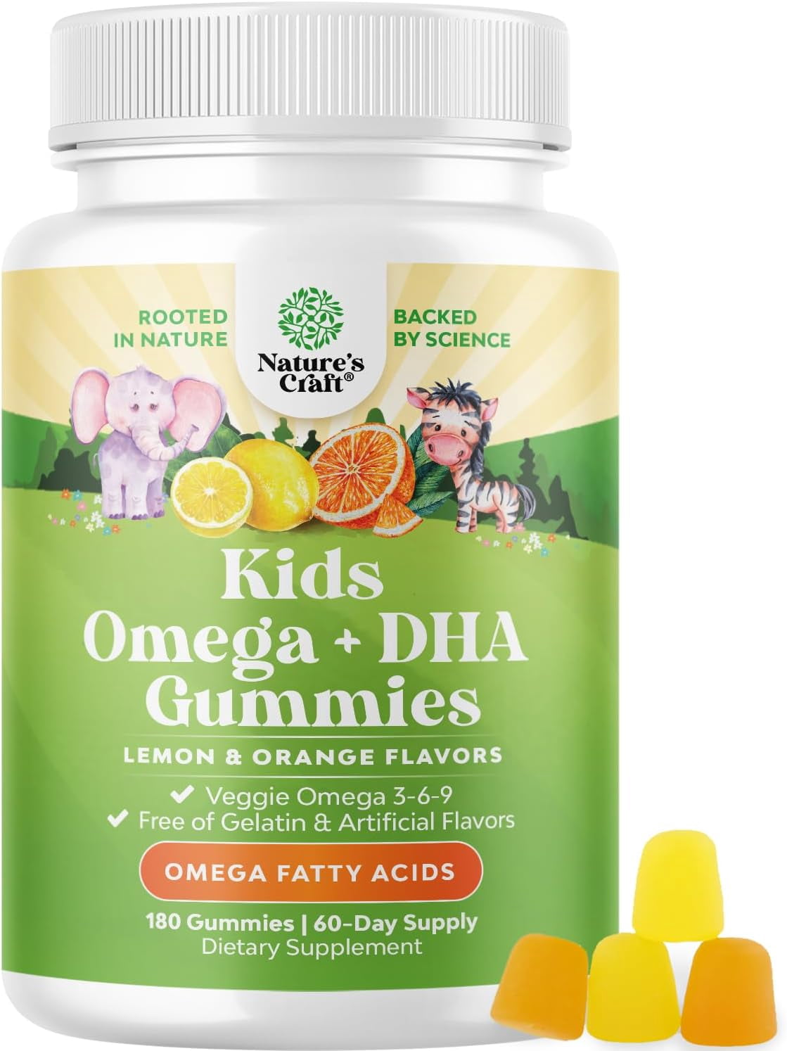 Natures Craft Plant-Based Omega 3 6 9 Gummies for Kids with Vitamin C – Immune Support, 180 Count