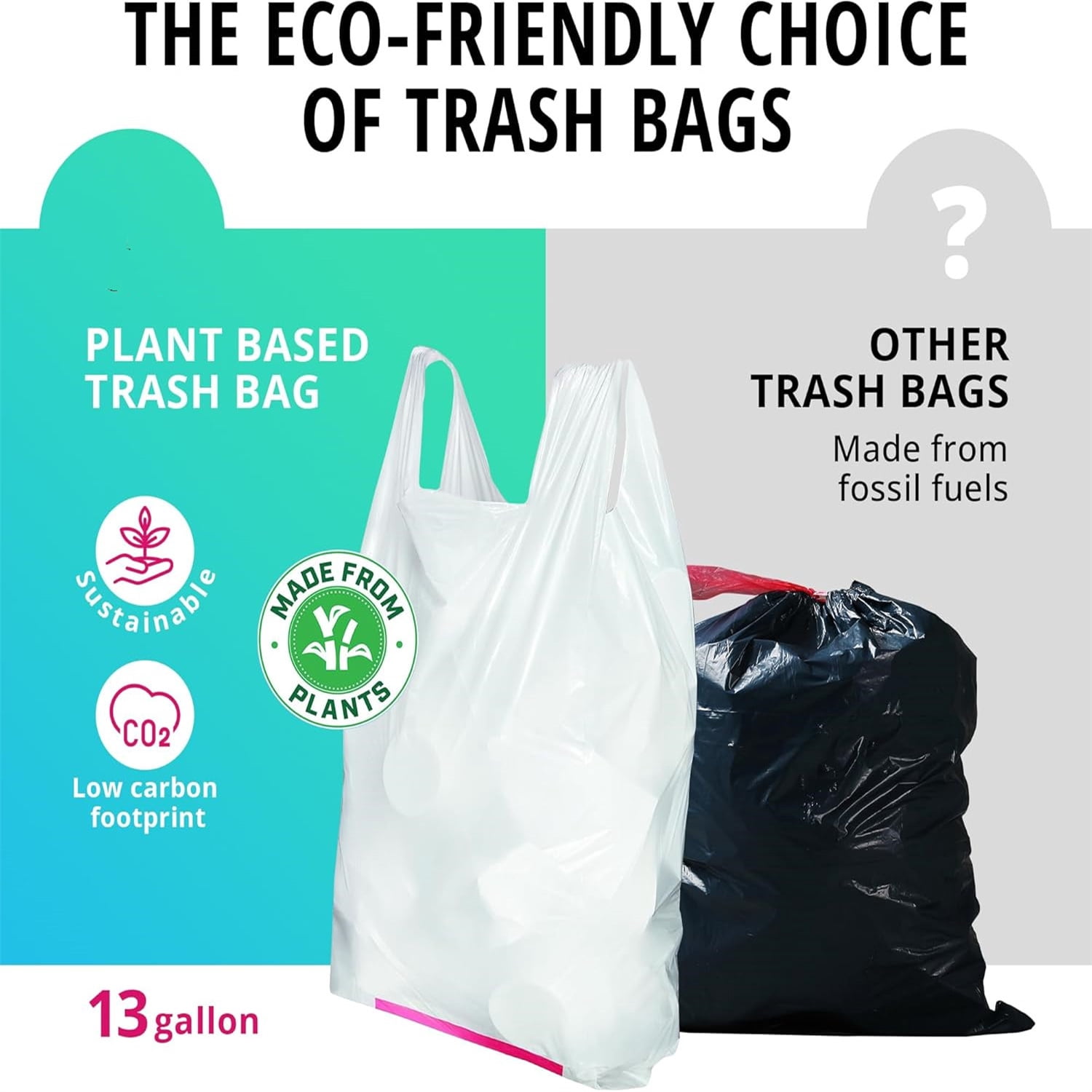 Plant Based Tall Kitchen Garbage Bags with Ergonomic Handles - 13 Gallon Trash Bags -   &   Friendly - Super Strong and Leak Proof Tall Kitchen Trash Bags (90 Count)