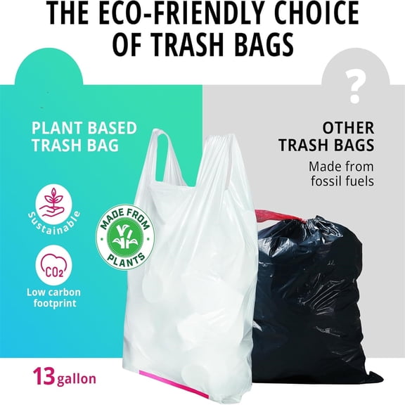 Plant Based Tall Kitchen Garbage Bags with Ergonomic Handles - 13 Gallon Trash Bags - & Friendly - Super Strong and Leak Proof Tall Kitchen Trash Bags (90 Count)