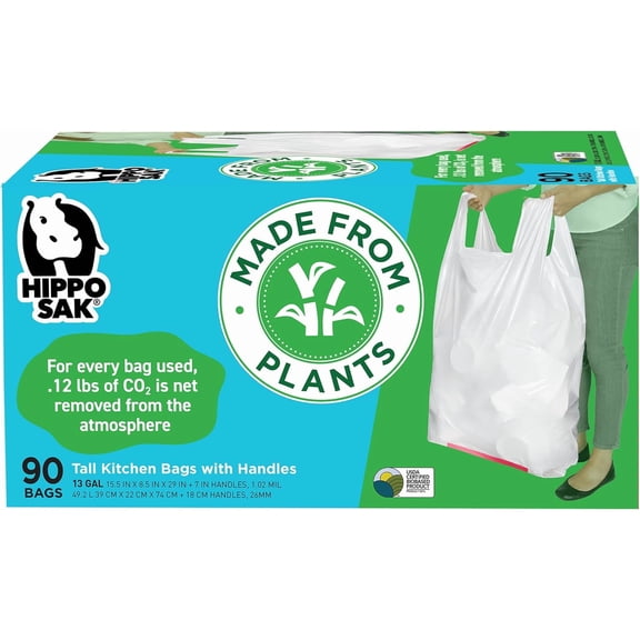 Plant Based Tall Kitchen Garbage Bags with Ergonomic Handles - 13 Gallon Trash Bags - Recyclable & Eco Friendly - Super Strong and Leak Proof Tall Kitchen Trash Bags (90 Count)