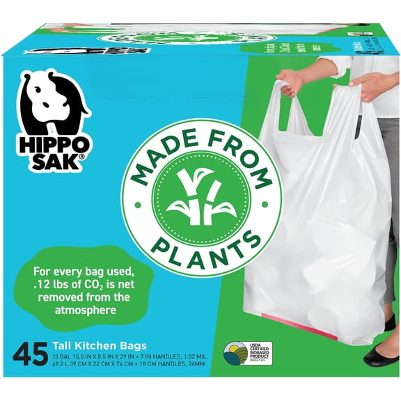 Plant Based Tall Kitchen Garbage Bags with Ergonomic Handles - 13 Gallon Trash Bags - Recyclable & Reduced Carbon Footprint - Super Strong and Leak Proof Tall Kitchen Trash Bags (45 Count)