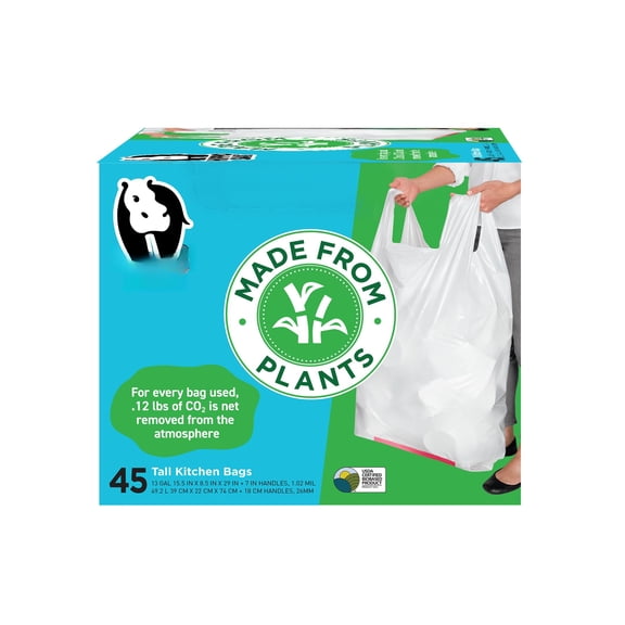 - Plant Based Tall Kitchen Garbage Bags With Handles 13 Gallon Trash Recyclable & Eco Friendly Super Strong And Leak Proof (45 Count)