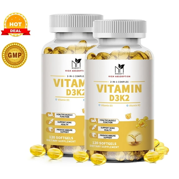 Plant Based Vitamin D3 K2(MK7) Capsule - Dietary Supplement for Bone, Teeth, Muscle and Immune Health Support - 120 Count (2 Pack)