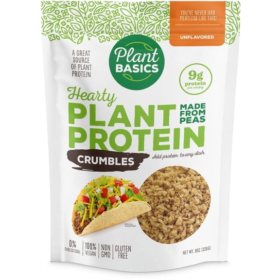 Plant Basics - Hearty Plant Protein - Unflavored Crumbles, 8 oz (Pack of 6), Made from Peas, Non-GMO, Gluten Free, Low Fat, Low Sodium, Vegan, Meat Substitute