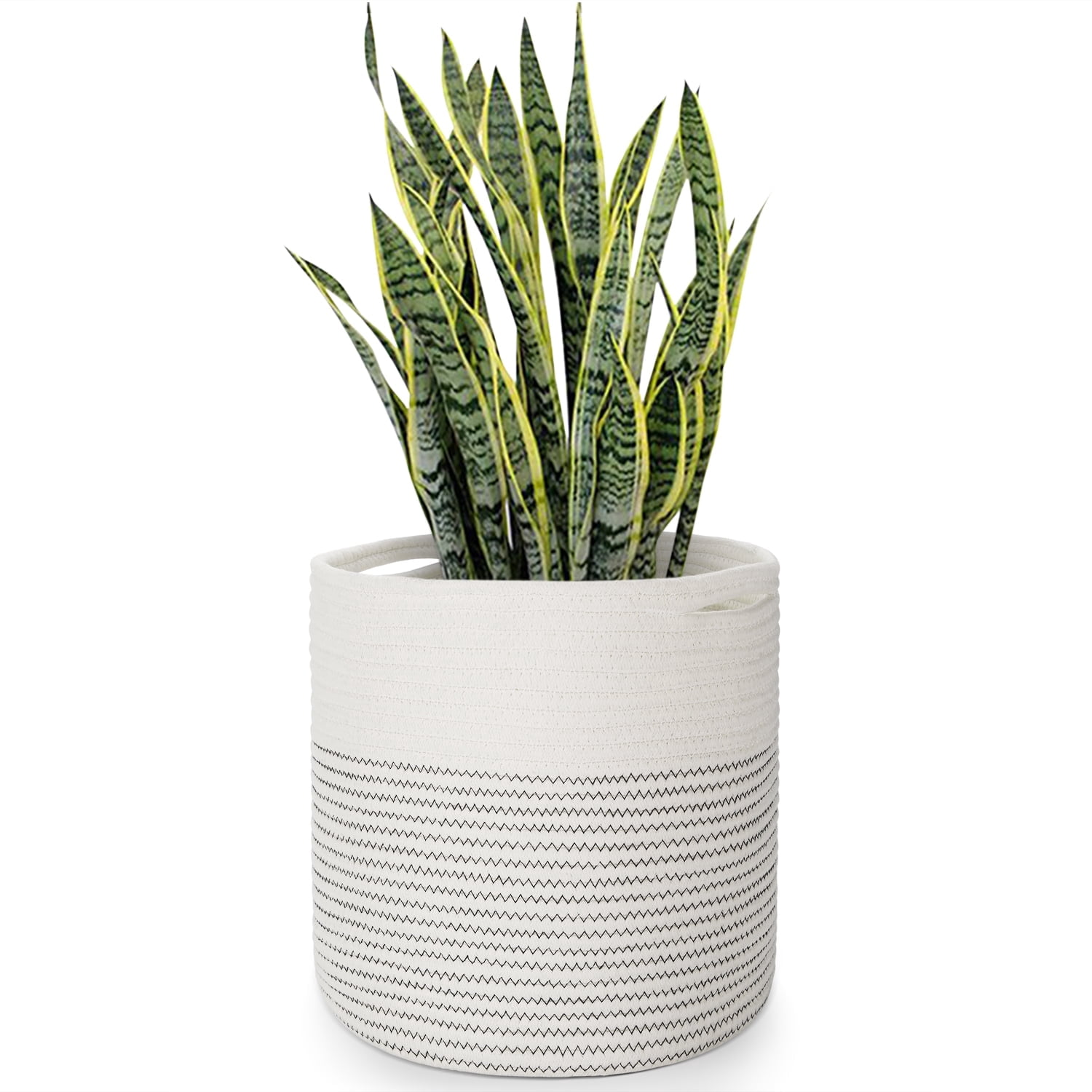 Plant Basket Modern Urban Boho Cotton Rope Basket Indoor Planter Holder (Up to 11 Inch Flower Pot) Macrame Woven Storage Organizer Bin with Handles Home Decor Storage Basket 12" x 12"