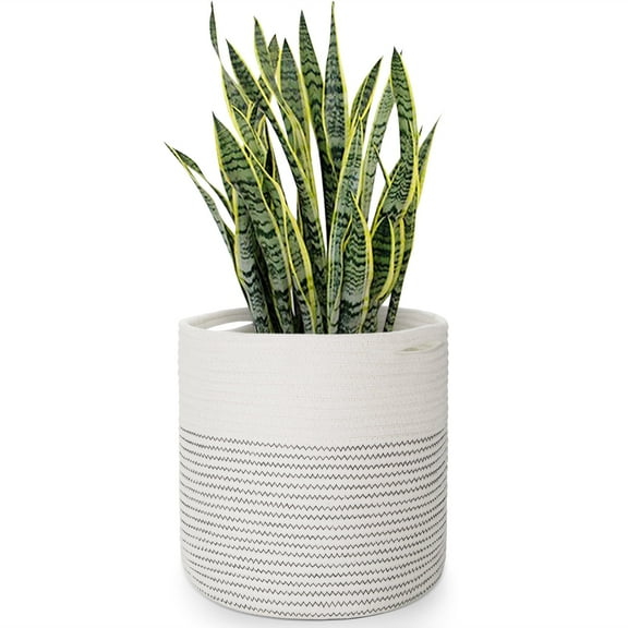 Plant Basket Modern Urban Boho Cotton Rope Basket Indoor Planter Holder (Up to 11 Inch Flower Pot) Macrame Woven Storage Organizer Bin with Handles Home Decor Storage Basket 12" x 12"