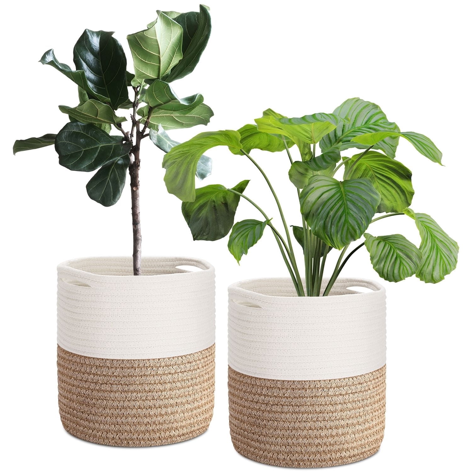 Plant Basket Modern Urban Boho Rattan Cotton Rope Basket Indoor Planter Holder (Up to 10 Inch Flower Pot) Macrame Woven Storage Organizer Bin with Handles linen mix Home Decor 11" x 11"
