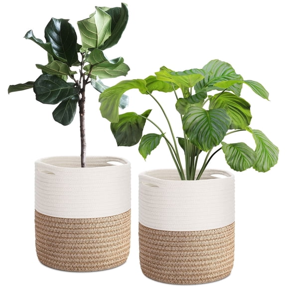 Plant Basket Modern Urban Boho Rattan Cotton Rope Basket Indoor Planter Holder (Up to 10 Inch Flower Pot) Macrame Woven Storage Organizer Bin with Handles linen mix Home Decor 11" x 11"
