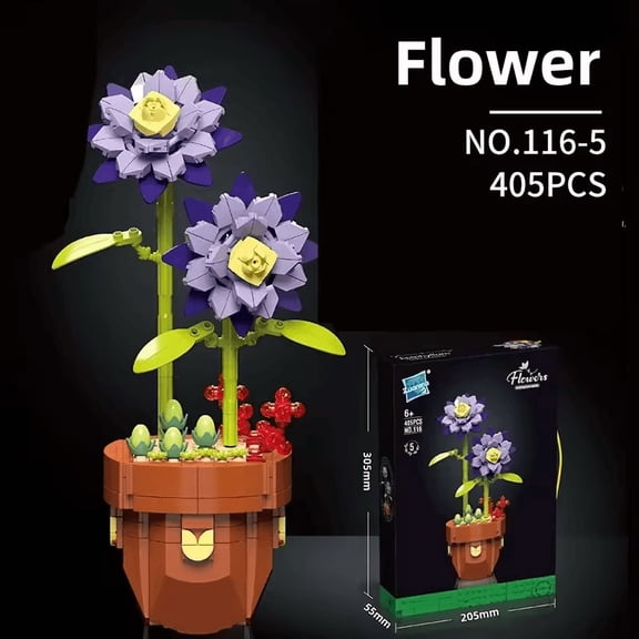 Wizardi Flower Building Brick Kit "Potted Flower" F07N11-19-5 Purple Aster Botanical Collection, Eco-Friendly ABS Plastic 116 Pcs, 3.9x3.9x7.1" Desktop Decor for Adults & Teens