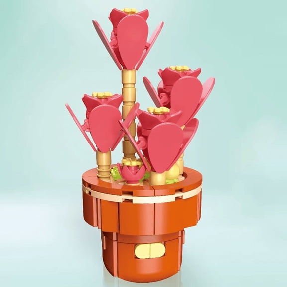 Wizardi Red Flower Building Brick Kit F07N11-29-32 Artificial Botanical Potted Plant Toy, Eco-Friendly ABS Plastic 113 Pcs, 3.1x3.1x6.3 Desktop Decor for Adults & Teens