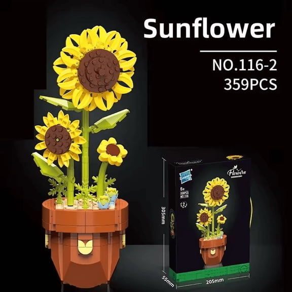 Wizardi Sunflower Building Brick Kit F07N11-17-2  Potted Plant Botanical Collection Artificial Flowers Toy, Eco-Friendly ABS Plastic 358 Pcs, 3.9x3.9x7.9" Desktop Decor for Adults & Teens