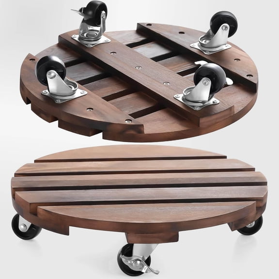 Plant Caddy Stand with Wheels Rolling Stand Heavy Duty Wooden Round Dolly Rollers with Metal Lockable Casters Indoor Outdoor Pot Roller Base