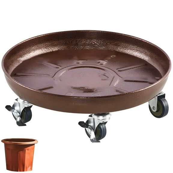 Plant Caddy with Wheels, 13 Inches Universal Caster Brake Wheel Iron Flower Pot Stand, Heavy Duty, Brown Plastic Tray, Max Weight 320kg, Ideal for Large and Small Pots
