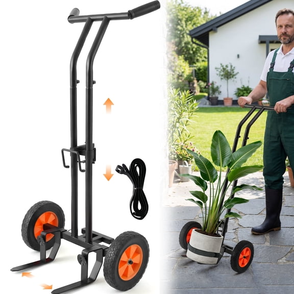 Plant Caddy with Wheels, Heavy Duty Plant Dolly Cart for Large Pots, Adjustable Grabbing Arm & Suction Cups, Garden Pot Mover Trolley with Strap for Indoor & Outdoor Use, Black