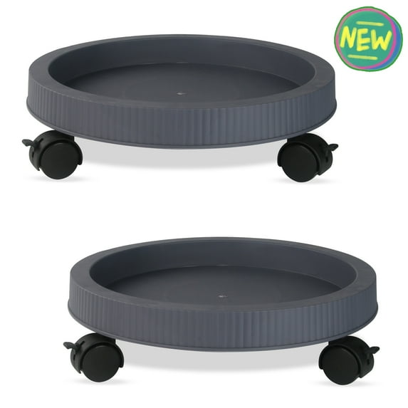 Plant Caddy with Wheels, Set of 2, 13 Inch Round Sturdy Plastic Rolling Dolly Stand for Potted Plants Indoor Outdoor, Dark Gray