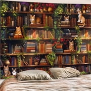Plant Cat Bookshelf Tapestry Botanical Floral Flower Cats Book Tapestries Wall Hanging Vintage Library Extra Large Tapes