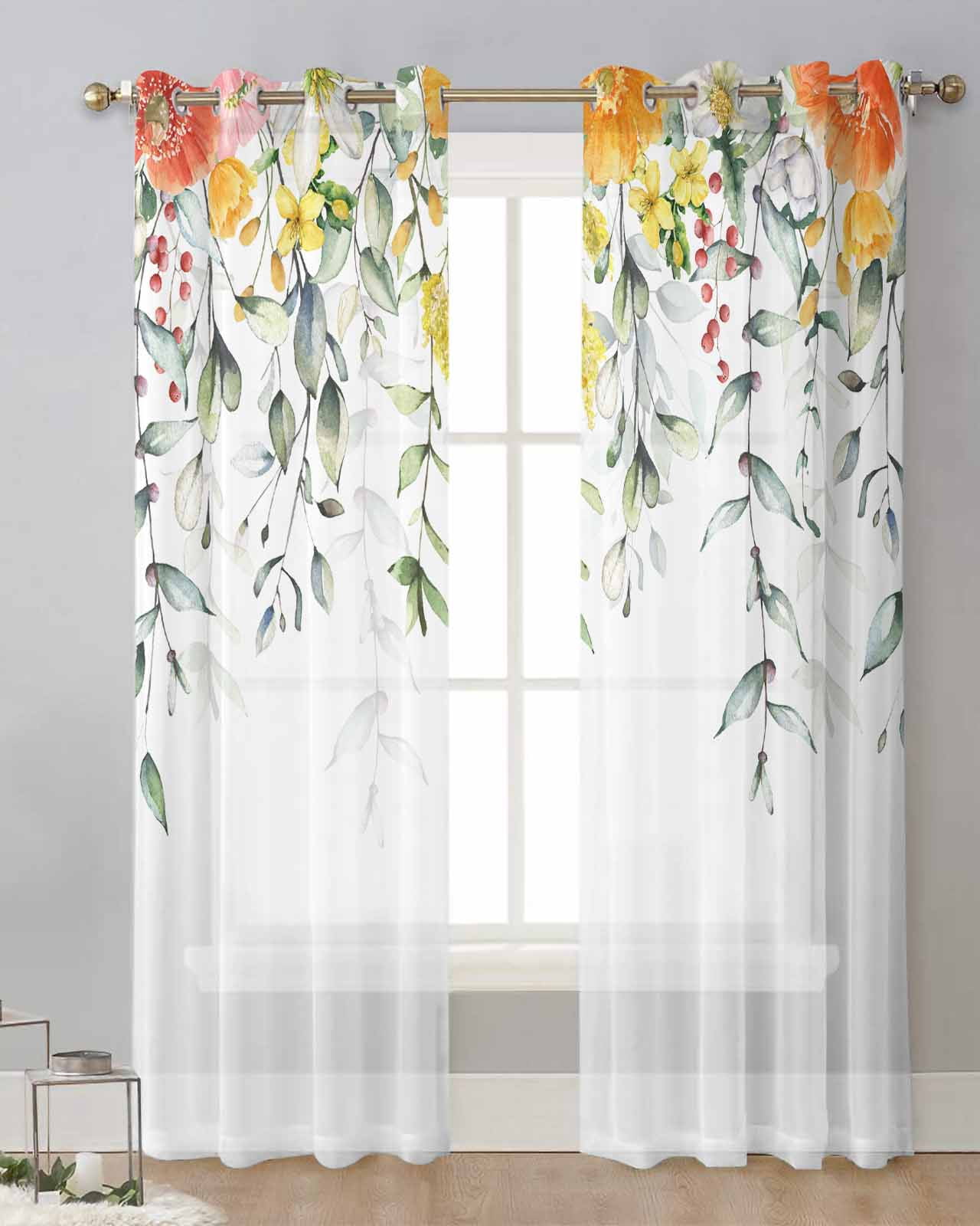Plant Color Floral Watercolor Sheer Curtains For Living Room Window