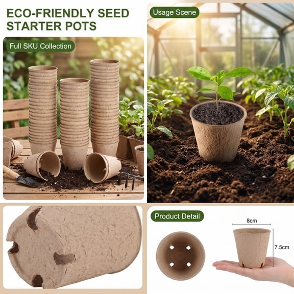 Plant Containers, Biodegradable Plant Pots, Starter Pots for Planting, Plant Pots with Drainage, 50 Count 3X3X3 Inch Large Round Paper Pulp Nursery Cups for Indoor Plants, Outdoor