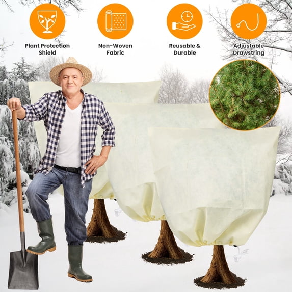 Plant Covers Freeze Protection, iMounTEK 43"×32" Winter Plant Protection Drawstring Bags for Outdoor Garden Plants, Reusable Non-Woven Plant Frost Blanket, 3Pack