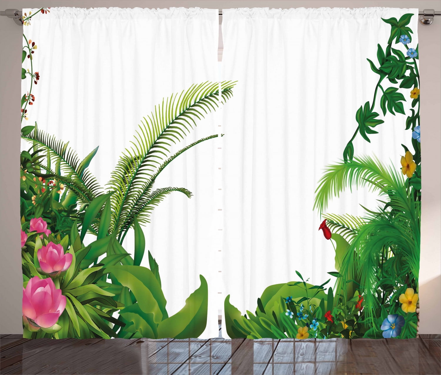 Tropical Green and Multicolor Polyester Light-Filtering Curtain Panels, 108" x 84"
