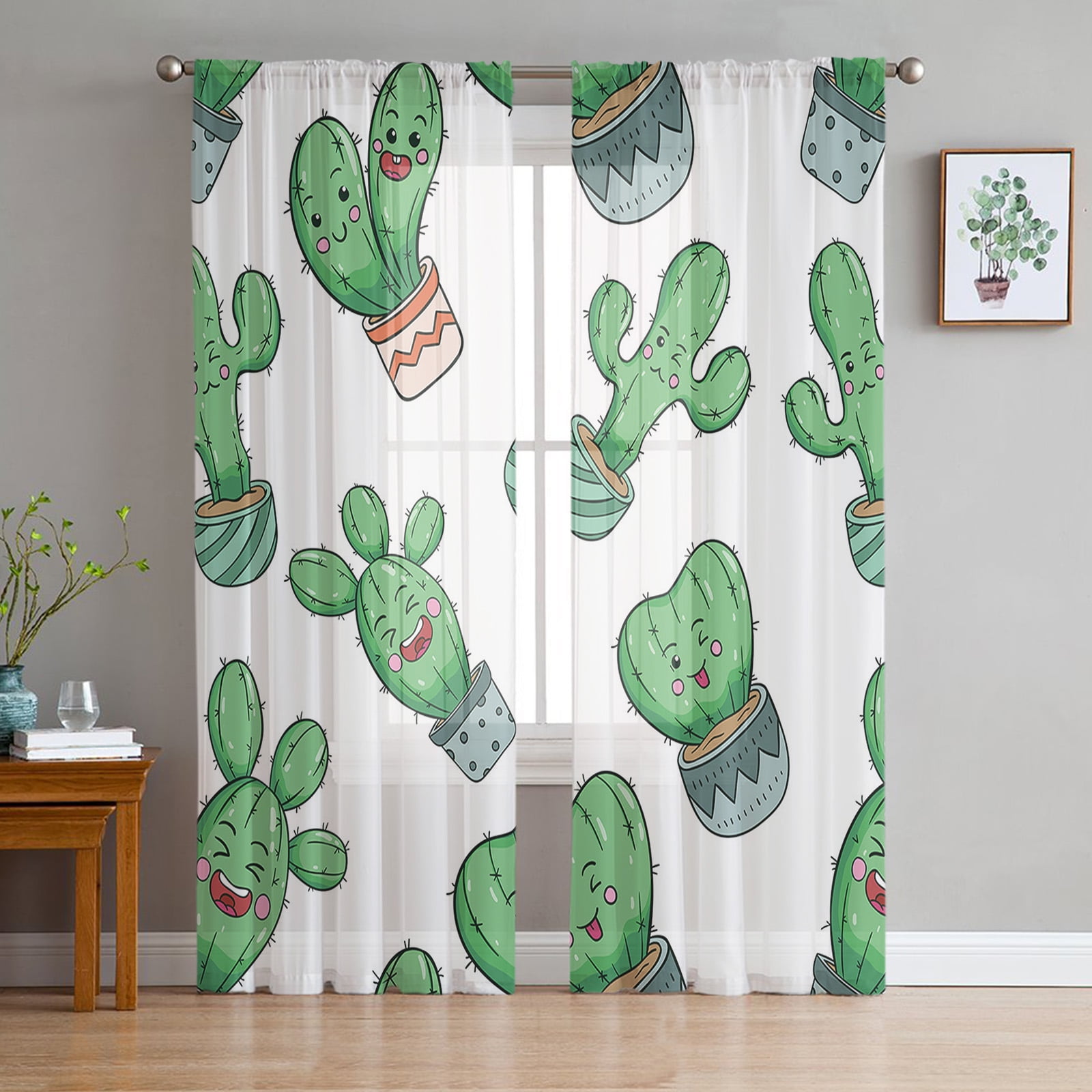 Plant Cute Cactus Window Curtains Bedroom Modern Drape Sheer Tulle