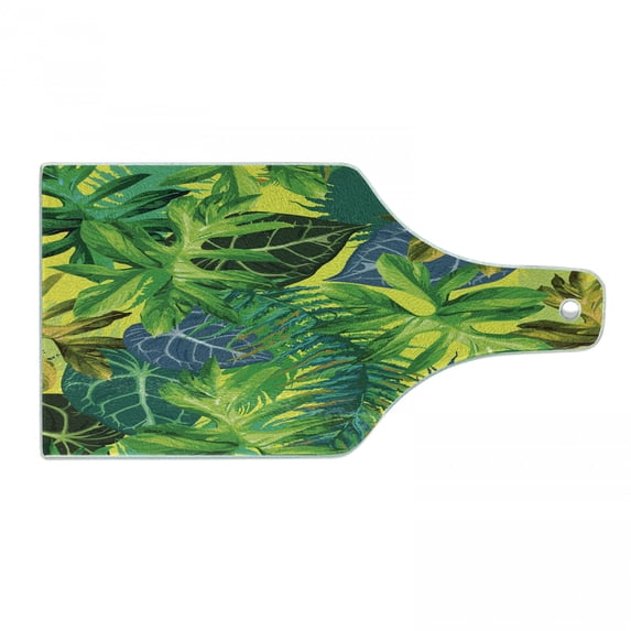 Plant Cutting Board, Botany Themed Drawing Depicting Exotic Leaves in Tropical Environment Hawaiian Vibes, Tempered Glass Cutting and Serving Board, Wine Bottle Shape, Multicolor, by Ambesonne