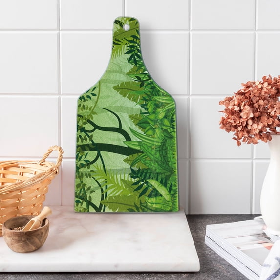 Plant Cutting Board, Cartoon Style Jungle Depiction Hand Drawn Digital Rainforest Leaves Bushes Trees, Tempered Glass Cutting and Serving Board, Wine Bottle Shape, Forest Green, by Ambesonne