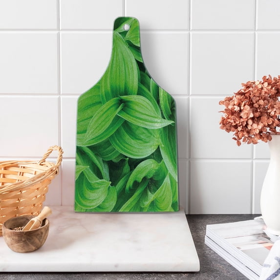 Plant Cutting Board, Close-up Tropic Foliage Pattern Helleborus Leaves Natural Herbs Wildflowers, Decorative Tempered Glass Cutting and Serving Board, Wine Bottle Shape, Lime Green, by Ambesonne