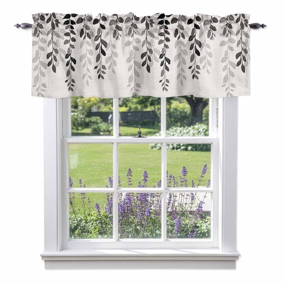 Plant Dark Valance Curtain 1 Panel, Grey Leaves Gradient Linen Texture Kitchen Valance with Rod Pocket Window Treatment Short Curtains for Bathroom Bedroom, 42 x 12 Inches