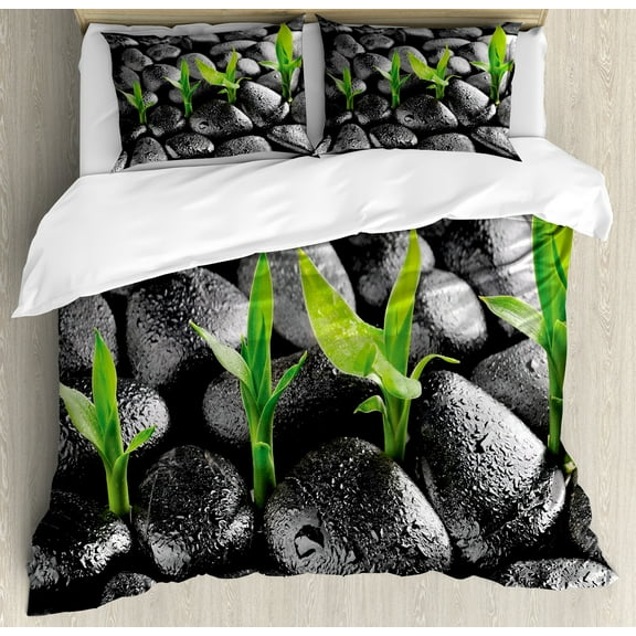 Plant Duvet Cover Set, Achromatic Colors Stones with Leaves Water Droplets Harmony of Nature, Decorative 3 Piece Bedding Set with 2 Pillow Shams, Calking Size, Dark Taupe and Lime Green, by Ambesonne
