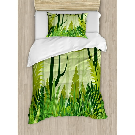Plant Duvet Cover Set, Cartoon Style Jungle Depiction Hand Drawn Digital Rainforest Leaves Bushes Trees, Decorative 2 Piece Bedding Set with 1 Pillow Shams, Twin Size, Forest Green, by Ambesonne